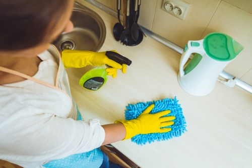 Cleaner using protective measures while handling hygiene tasks