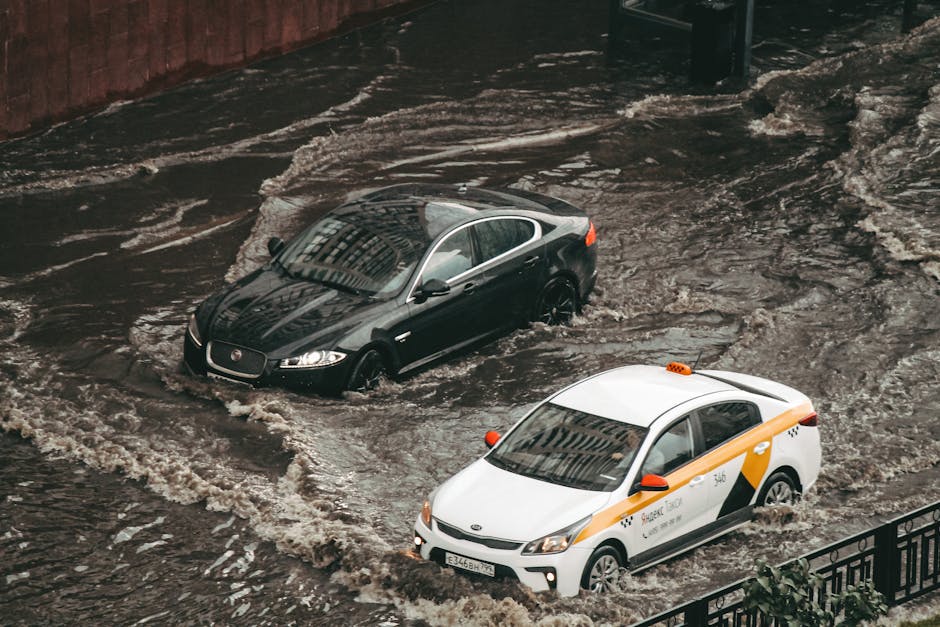 Photograph of two vehicles partially submerged in floodwaters on a city street, with murky brown water covering the road surface and reaching up to the vehicle tires. The black car, a luxury sedan, appears wet and is surrounded by flowing water, while a white taxi with orange accents is nearby, also affected by the flood. Visible reflections of nearby buildings are seen in the water, which looks turbulent with visible ripples and debris around the vehicles. The scene highlights the impact of flooding on urban transport during a heavy rain or flood event, with no cleaning tools or surfaces shown in the image. For effective flood damage prevention and post-flood cleaning, contact Cleaners SW5, specialists in emergency flood and leak sanitisation and deep cleaning services.